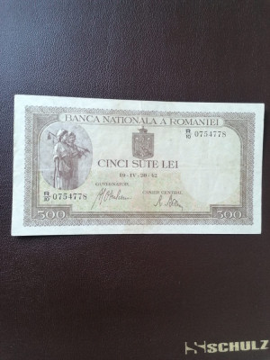Romania, bancnota 500 lei 1942, filigran BNR vertical, circulata foto