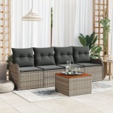 Set canapea gradina Gossi cu 5 piese cu pernute gri ratan polimer acacia, canapea gradina Gossi pentru 2 persoane cu pernute gri ratan polimer