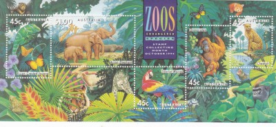 AUSTRALIA ZOOS,FAUNA,ELEFANT,MAIMUTA,PAPAGAL,LEU,1994 BLOC MNH. foto