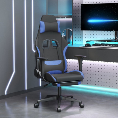 vidaXL Scaun de gaming cu masaj/suport picioare, negru/albastru textil foto