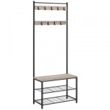 VASAGLE Cuier multifunctional 70x32x175 cm, cu 9 carlige, banca si 2 rafturi pantofi, PAL si otel, gri si negru Household NewTrend