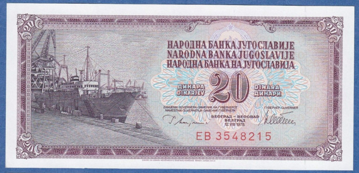 IUGOSLAVIA █ bancnota █ 20 Dinara █ 1978 █ P-88a █ UNC █