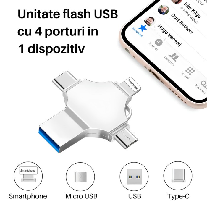 Stick memorie multifunctional 4 in 1 SpectrumPoint&reg;, Capacitate 128 GB, compatibil Android si USB Type-C, argintiu