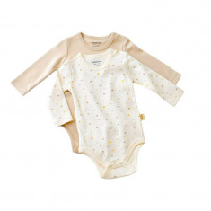 Set 2 body-uri cu maneca lunga bebe unisex -100% bumbac organic - Ecru cu buline, BabyCosy (Marime: 18-24 Luni)