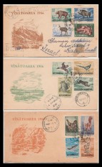 1956 Romania - 3 FDC circulate cu seria completa Vanatoarea