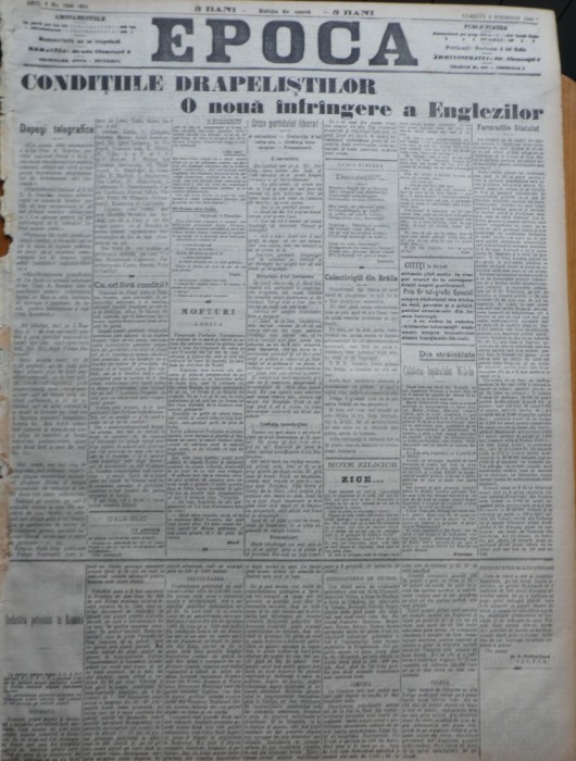 Ziarul Epoca, 6 Noiembrie 1899; Conditiile drapelistilor ; Infrangera englezilor