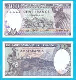 Ruanda (Rwanda) (p#19) 100 Francs 1989 UNC 'Zebre'; (ROG CITITI DETALIILE!)