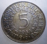 F.479 GERMANIA RFG 5 DEUTSCHE MARK 1951 J ARGINT