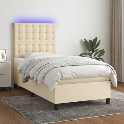 vidaXL Pat cu arcuri, saltea și LED, crem, 80x200 cm, textil foto