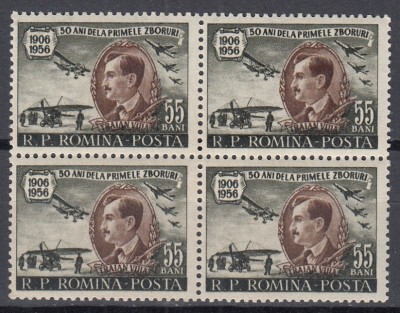 ROMANIA 1956 LP 411 - 50 DE ANI DE LA PRIMUL ZBOR AL LUI TRAIAN VUIA BLOC DE 4 TIMBRE STARE MNH foto