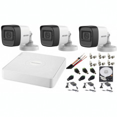 Kit 3 camere supraveghere 2MP Turbo HD cu microfon HikVision + DVR 4 canale TurboHD OverCoax + Surse + Cablu + Mufe + HDD 500GB foto