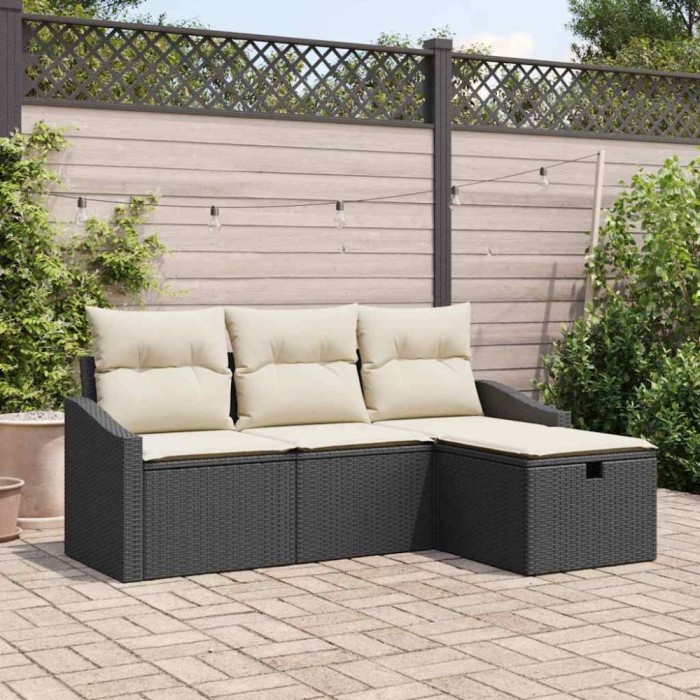 vidaXL Set de canapea de grădină cu 4 piese și perne, Negru, din rattan plastic.