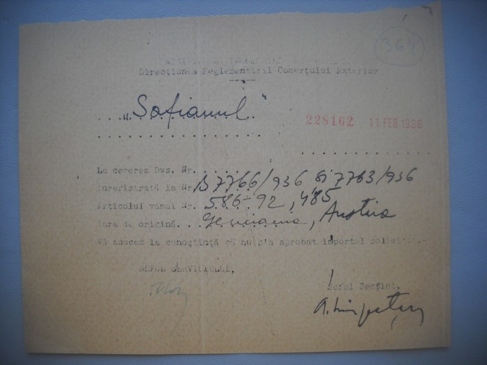 HOPCT DOCUMENT VECHI 364 MINISTERUL INDUSTRIEI COMERT EXTERIOR /BUCURESTI 1936