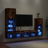 Unități de perete TV cu LED-uri, 4 piese, stejar fumuriu, lemn