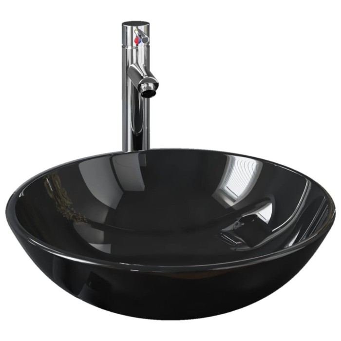 Chiuveta baie, robinet&amp;scurgere tip push, negru, sticla calita