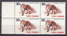 ROMANIA 1993 LP 1318 FAUNA PROTEJATA VALOAREA 30 LEI HARTIE ALBA CU FILIGRAN BLOC 4 TIMBRE STARE MNH