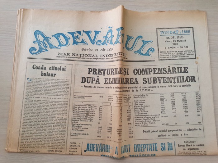 adevarul 26 martie 1993-preturile si compensarile dupa eliminarea subventiilor