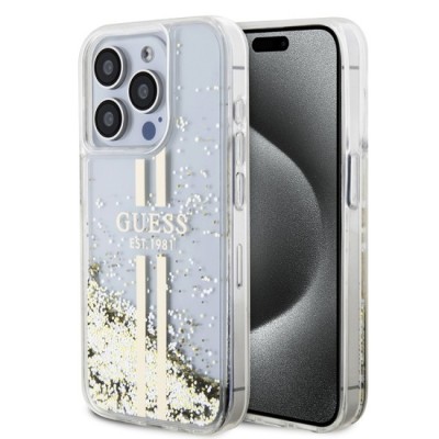 Husa pentru iPhone 15 Pro - Guess Liquid Glitter Gold Stripes (GUHCP15LLFCSEGT) - Transparent foto