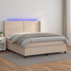 vidaXL Pat cu arcuri, cu saltea și LED cappuccino 180x200 cm piele eco