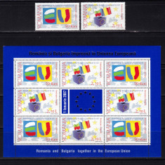 RO 2006 LP 1748+a ,"Romania si Bulgarie in UE " serie+minicoala 8M+1 vinieta,MNH