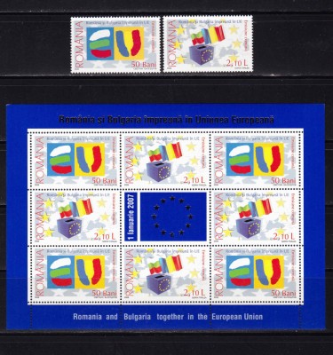 RO 2006 LP 1748+a ,&amp;quot;Romania si Bulgarie in UE &amp;quot; serie+minicoala 8M+1 vinieta,MNH foto