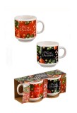 Set 2 Cesti de Craciun din Ceramica EMC ONSHOP&reg;, Festive, Rosu si Negru cu Ornamente Candy si Crengute de Brad, 150 ml