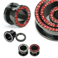 Tunel negru pentru ureche, din titan, cu zircon - Lățime: 4 mm, Culoare zirconiu piercing: Roșu - R