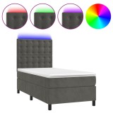 Cumpara ieftin Pat cu arcuri, saltea si LED, gri inchis, 90x190 cm, catifea