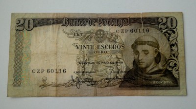 BANCNOTA PORTUGALIA 20 escudos 1964 foto