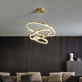 Lustra LED suspendata cu telecomanda ELIZABETH, 84W, 3 Cercuri, lumina Rece/Calda/Neutra, Dimabila, Auriu Lucios, Inaltime Reglabila ModernLight Conce