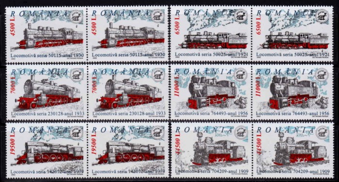 ✅RO 2002 LP 1592 " Locomotive romanesti cu abur" , serie perechi H , MNH