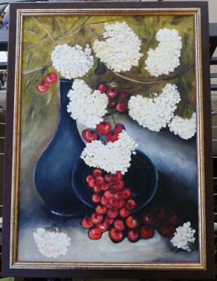 Tablou Natura statica cu cirese și Flori pictura ulei pe panza 75x55cm foto