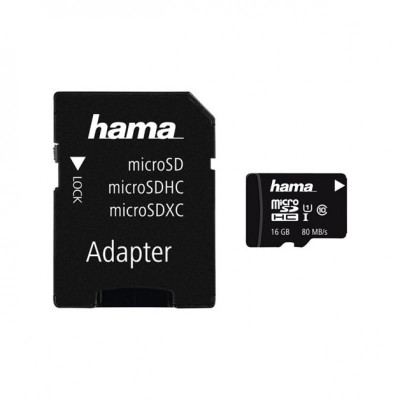 Card microSDHC Hama, capacitate 16 GB, clasa viteza 10, adaptor inclus foto