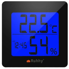 Termometru si higrometru de camera, 5 in 1, LCD, alb si negru, 1xAA, 9.5x4x9.5 cm, Ruhhy