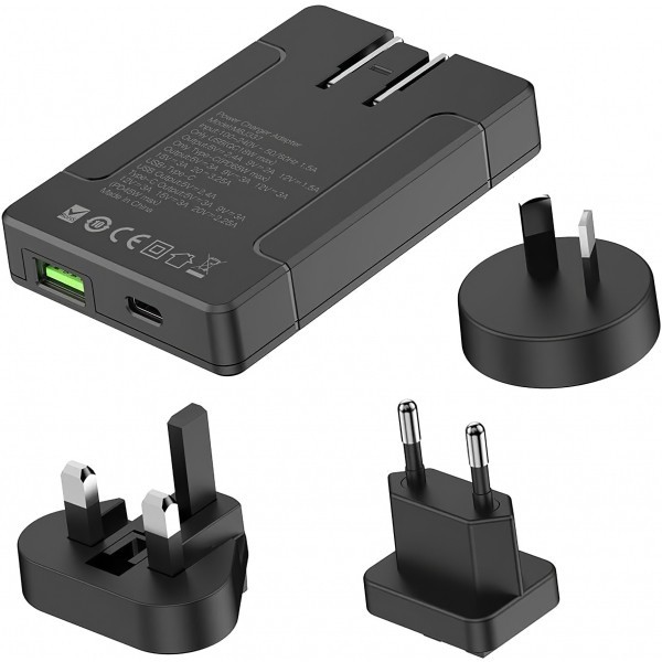 Incarcator Retea Budi, 65W, 3A, 1 x USB-A - 1 x USB-C, Negru