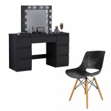 Masa de toaleta/machiaj + scaun Lars, negru, Artool, Vanessa, cu oglinda si LED-uri, 130x43x143 cm