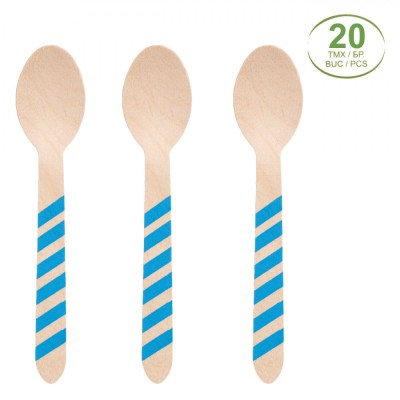 Linguri Lemn, Model Petrecere, Dungi Bleu, 16cm, Set 20 Bucăți foto