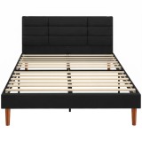 HOMCOM Cadru de pat 140 x 200 cm cu somier din lemn, pat dublu tapițat cu efect de in, depozitare dedesubt, fără zgomot, Negru | Aosom Romania