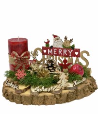 Aranjament de Craciun pe felie de lemn cu lumanare si elemente naturale (Maro Rosu)