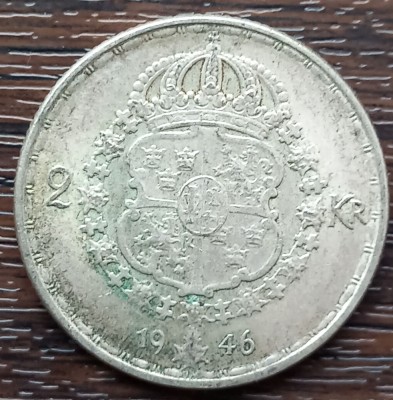 (A927) MONEDA DIN ARGINT SUEDIA - 2 KRONOR 1946, LIT. TS, REGELE GUSTAV V foto