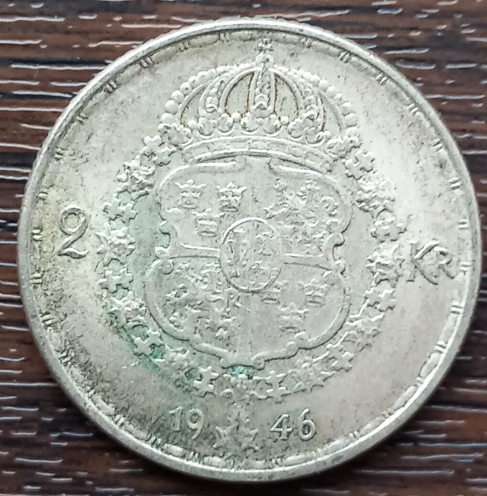 (A927) MONEDA DIN ARGINT SUEDIA - 2 KRONOR 1946, LIT. TS, REGELE GUSTAV V