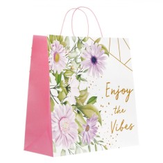 Sacosa Cadou Kraft, Model Floral Multicolor, 42x18x42cm, Manere Hartie Roz