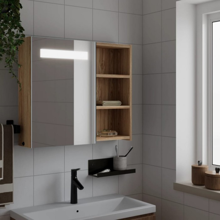 vidaXL Dulap cu oglindă de baie cu LED, stejar deschis, 60x13x52 cm