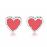 Cercei - inimă simetrică cu smalț de culoare roz, argint 925