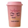 Cana ceramica de voiaj Pufo pentru cafea cu capac din silicon, 415 ml, model Eyebrows speak, roz
