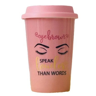 Cana ceramica de voiaj Pufo pentru cafea cu capac din silicon, 415 ml, model Eyebrows speak, roz foto