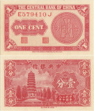 1939, 1 cent (P-224a) - China - stare UNC