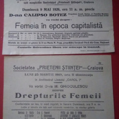 2 Afișe Conferințe : Drepturile femeii și Femeia în capitalism - 1919,1926