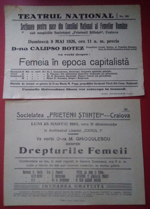 2 Afișe Conferințe : Drepturile femeii și Femeia &icirc;n capitalism - 1919,1926