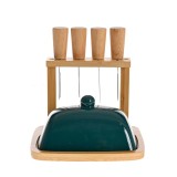 Set pentru aperitive cu clopot ceramic, cutite si suport din bambus